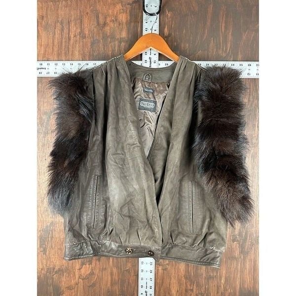 Anne-Gee Leather Vest Faux Fur Trim Vintage Biker Retro Brown Womens Medium Coat