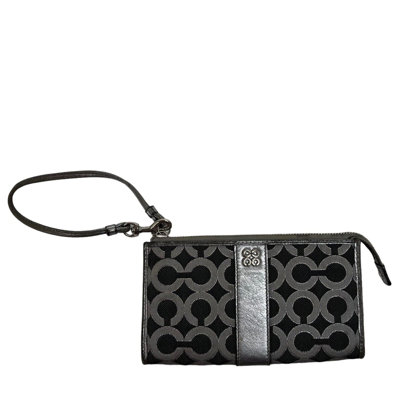 COACH Julia OP Signature Lurex Silver Black Clutch Zippy Wallet Large Wristlet