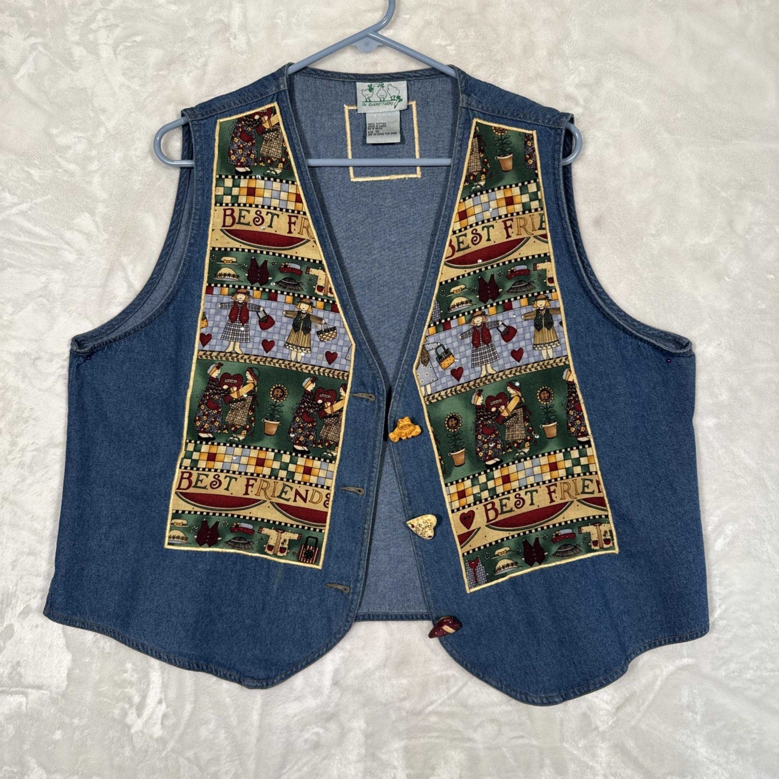 THE QUAKER FACTORY Women Denim Vest Sz 1X BEST FRIENDS Button Covers Grannycore