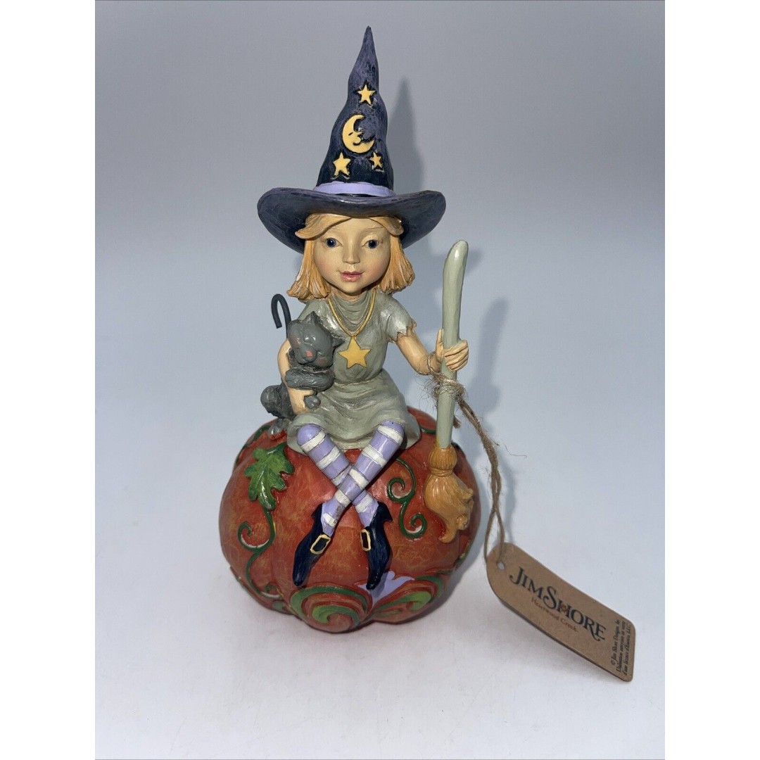 Jim Shore WITCH In PUMPKIN MINI FIGURINE-WITCH HOLDING Broom /Cat 6006702 NEW
