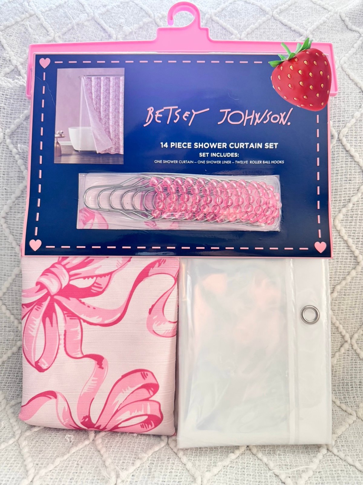 Betsey Johnson COQUETTE Shower Curtain Set 14 Piece Pink Bows Liner Hooks New