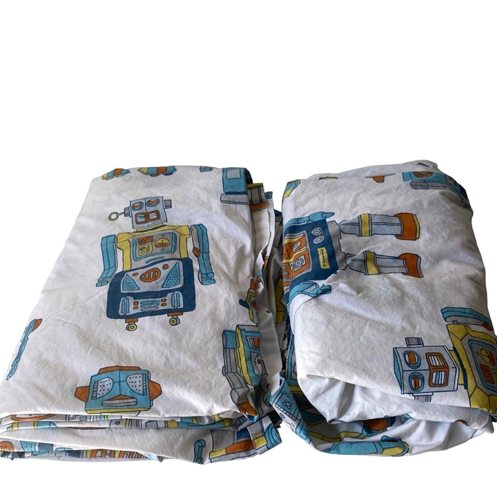 The Land of Nod robots flat sheets 100% cotton retro kids Made in India 66 x88