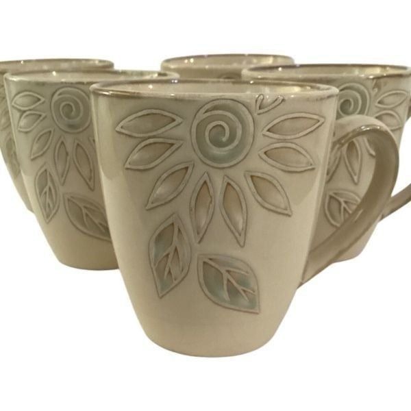 Pfaltzgraff Daisy Chain Flower Coffee Mugs Tea Cups Beige 3 3/4 Set Of 5