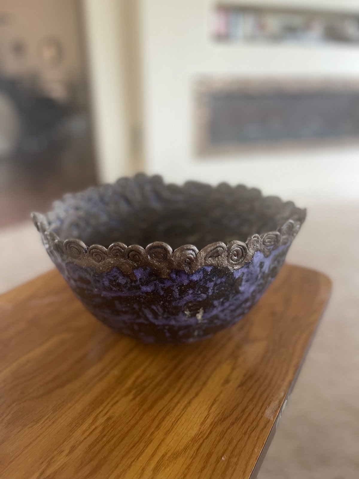 Vintage designer handmade sculptured bowl purple and dark bronze very unique