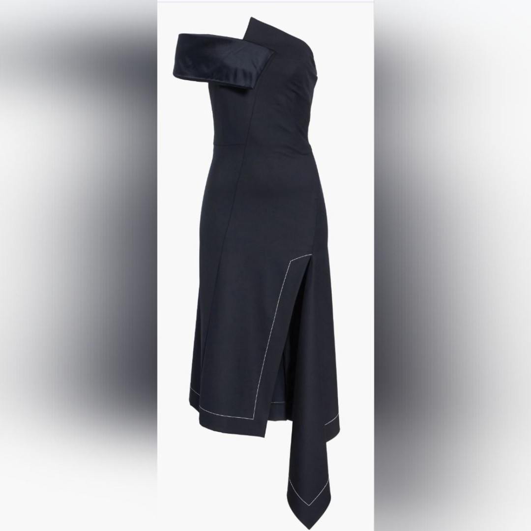 NWOT MONSE OFF THE SHOULDER TWISTED SLIT FRONT ASYMMETRIC DRESS IN NAVY