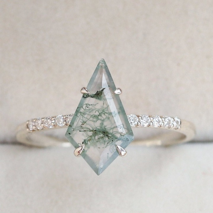 Natural Moss Agate Women's Engagement Ring, Moissanite Ring