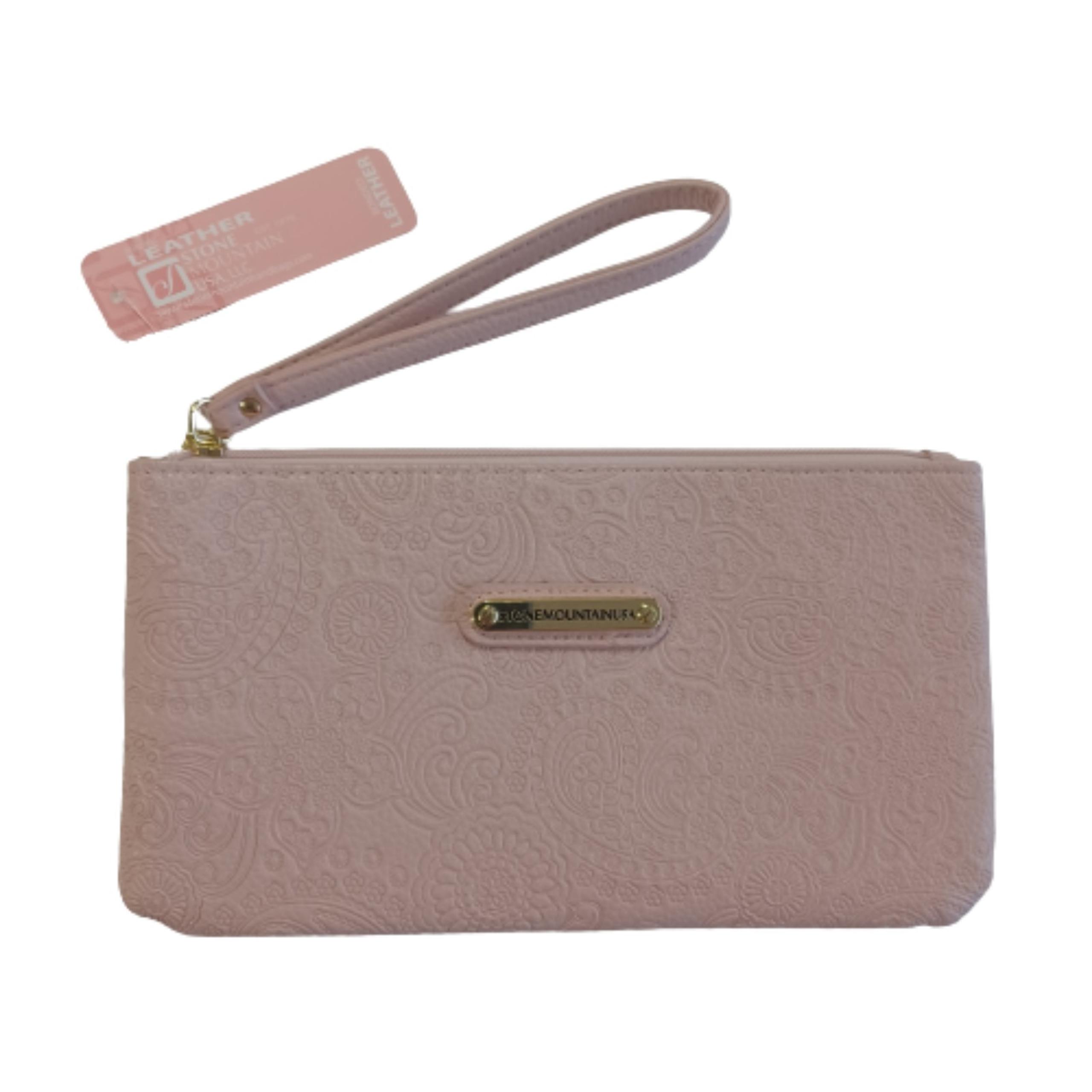 STONE MOUNTAIN Bonded Leather Pink Large Embossed Paisley Wristlet Clutch Wallet