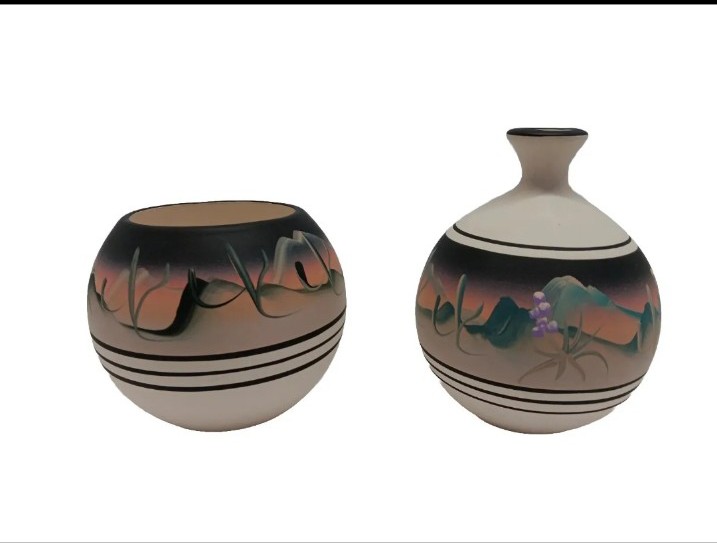 NEW WEST POTTERY Hand Painted Southwestern Bowl & Water Jug Signed Desert Flower
