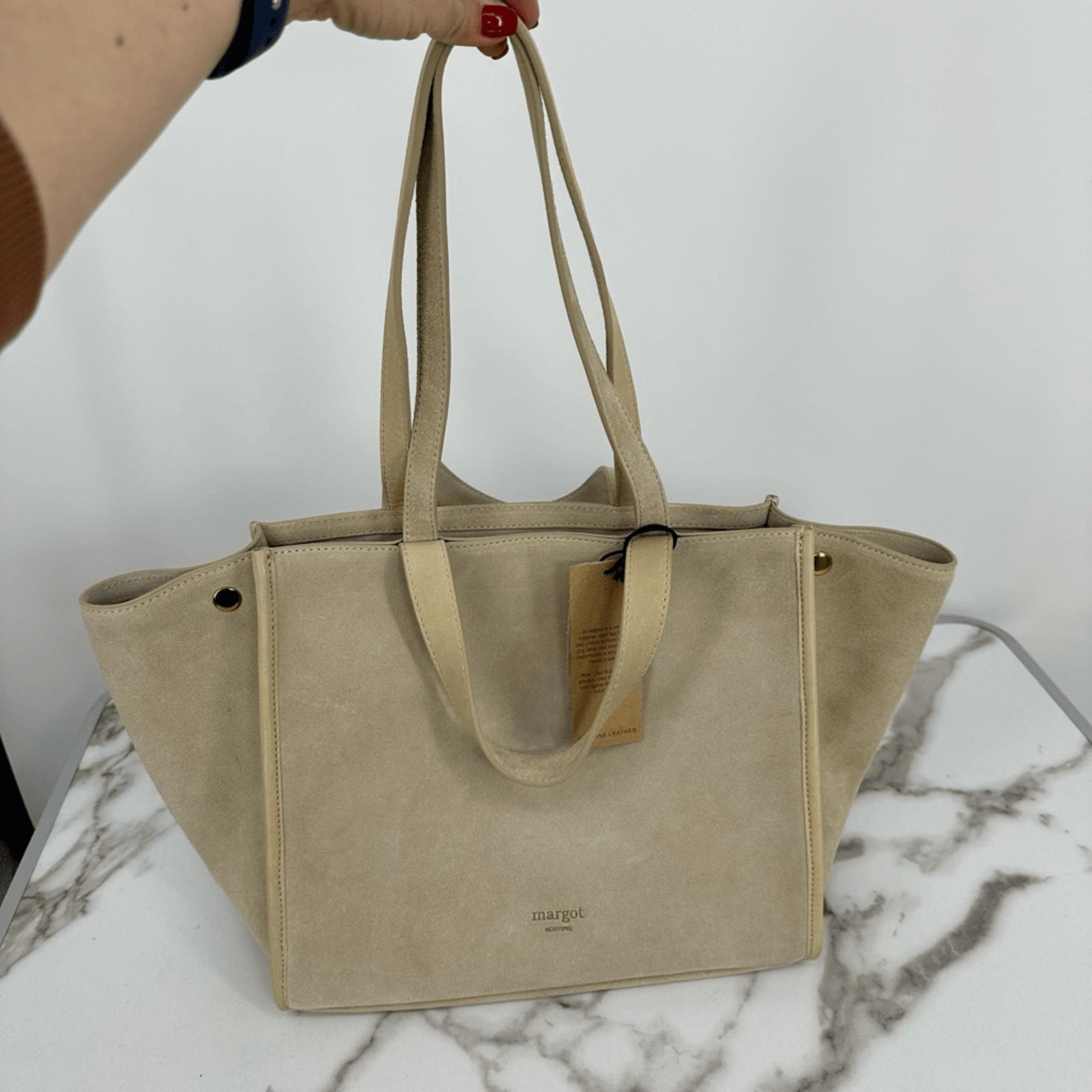 Margot Jamee Double Strapped Suede Tote Bag with Pouch Cream Minimalist