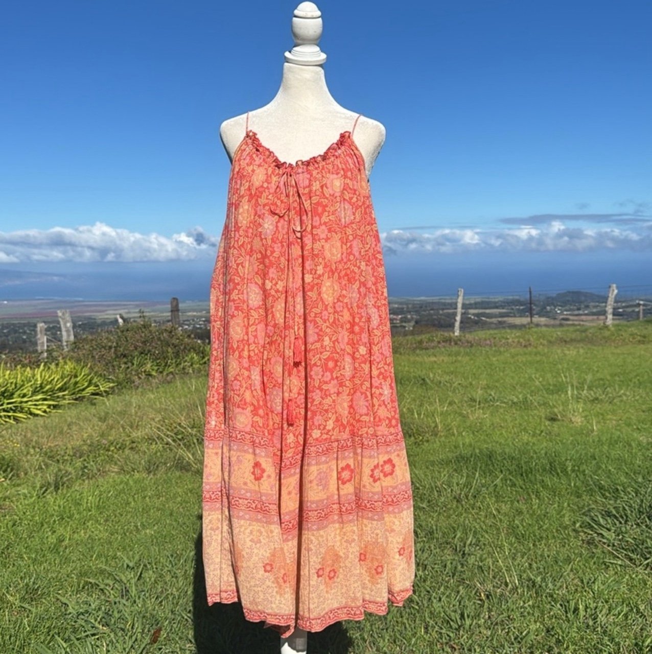SPELL Love Story Strappy Midi Dress in Red Coral Boho Cottagecore Festival
