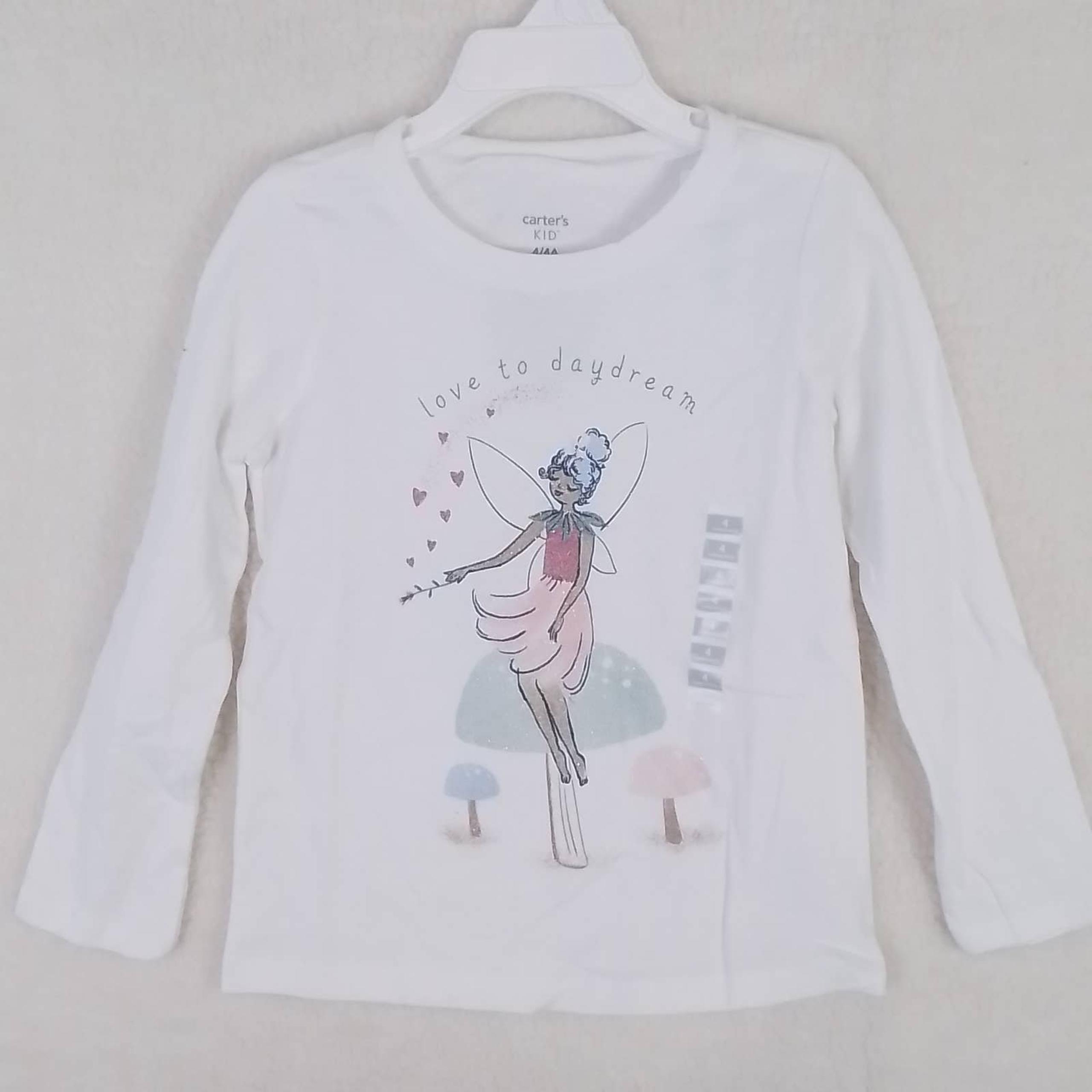 Carter's Kid Long Sleeve Cotton T-Shirt Girl's Size 4 White w/ Fairy Theme