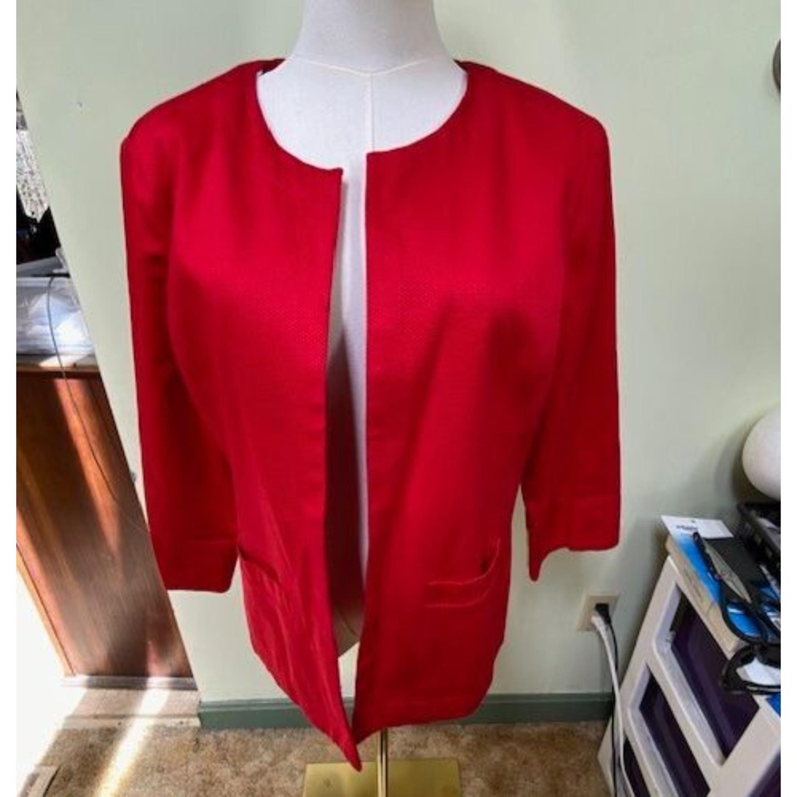 Orvis Women Sz M Red Lined 3/4 Sleeve Lightweight Open Front Blazer Minimalistic