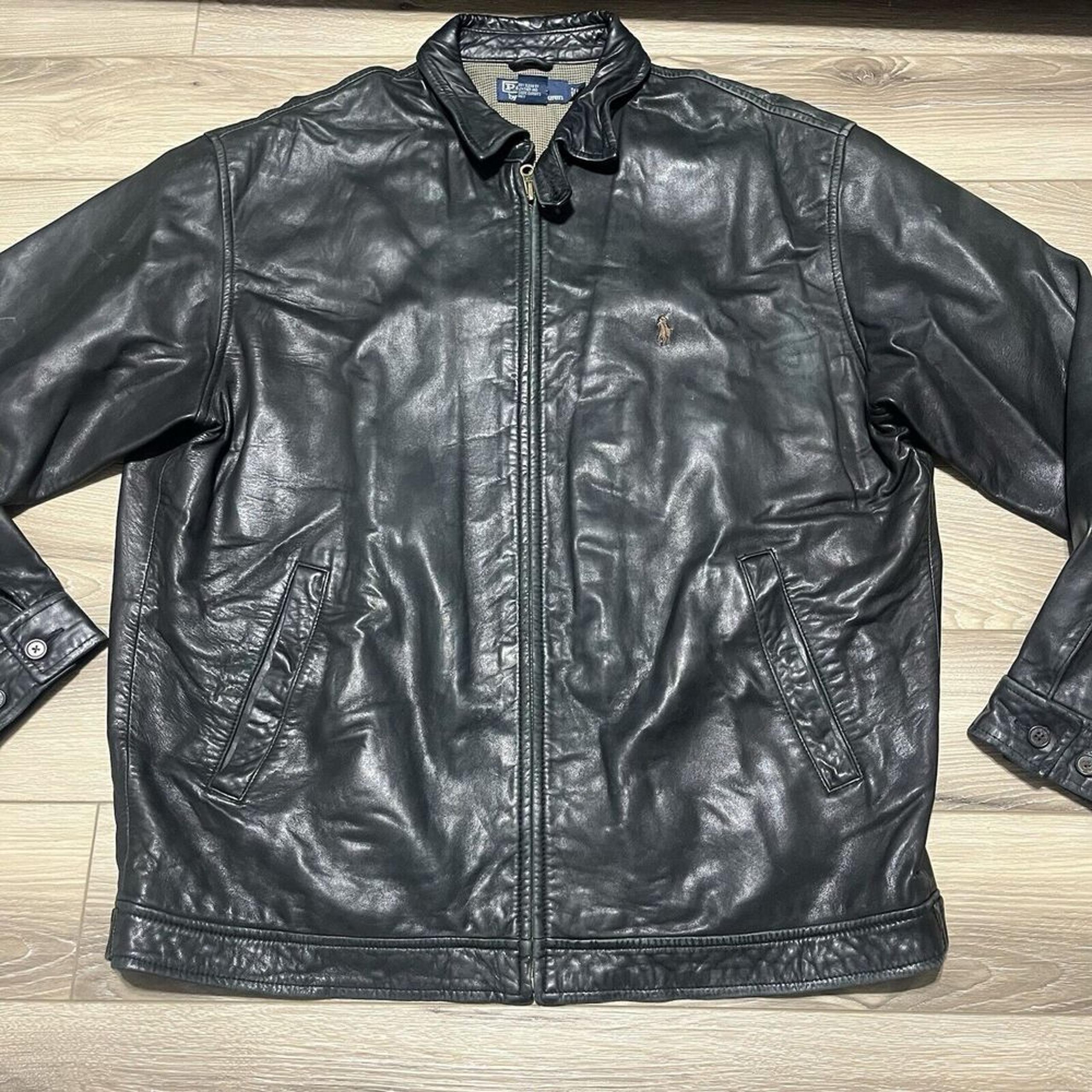 VTG Polo Ralph Lauren Lambskin Leather Bomber Jacket Mens Black Size L