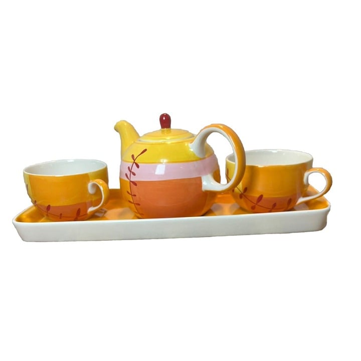 Hues N Brews Set Teapot 2 Tea/Coffee Cups &Tray Ceramic Yellow Orange Hand Paint