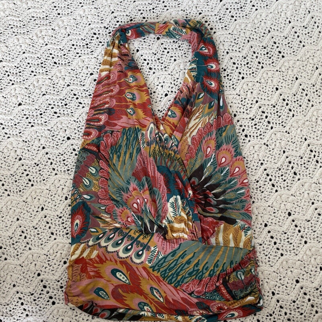 Rachel Pally Peacock Print Halter Tank Top Multicolor (Small) Art to Wear Boho