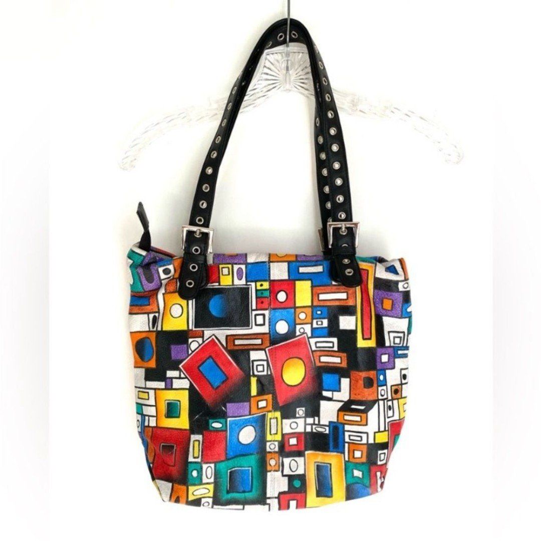 Geometric Hand Painted Genuine Leather Tote Y2K