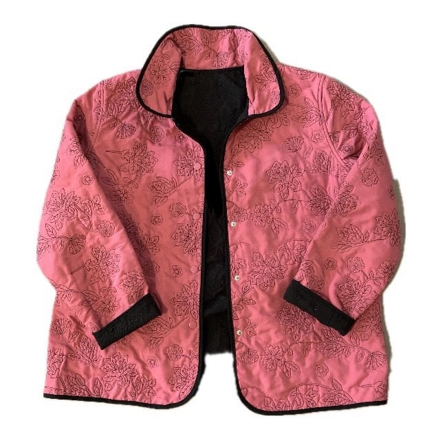 Pink & Black Boho Quilted Embroidered Jacket – Women’s Size Large