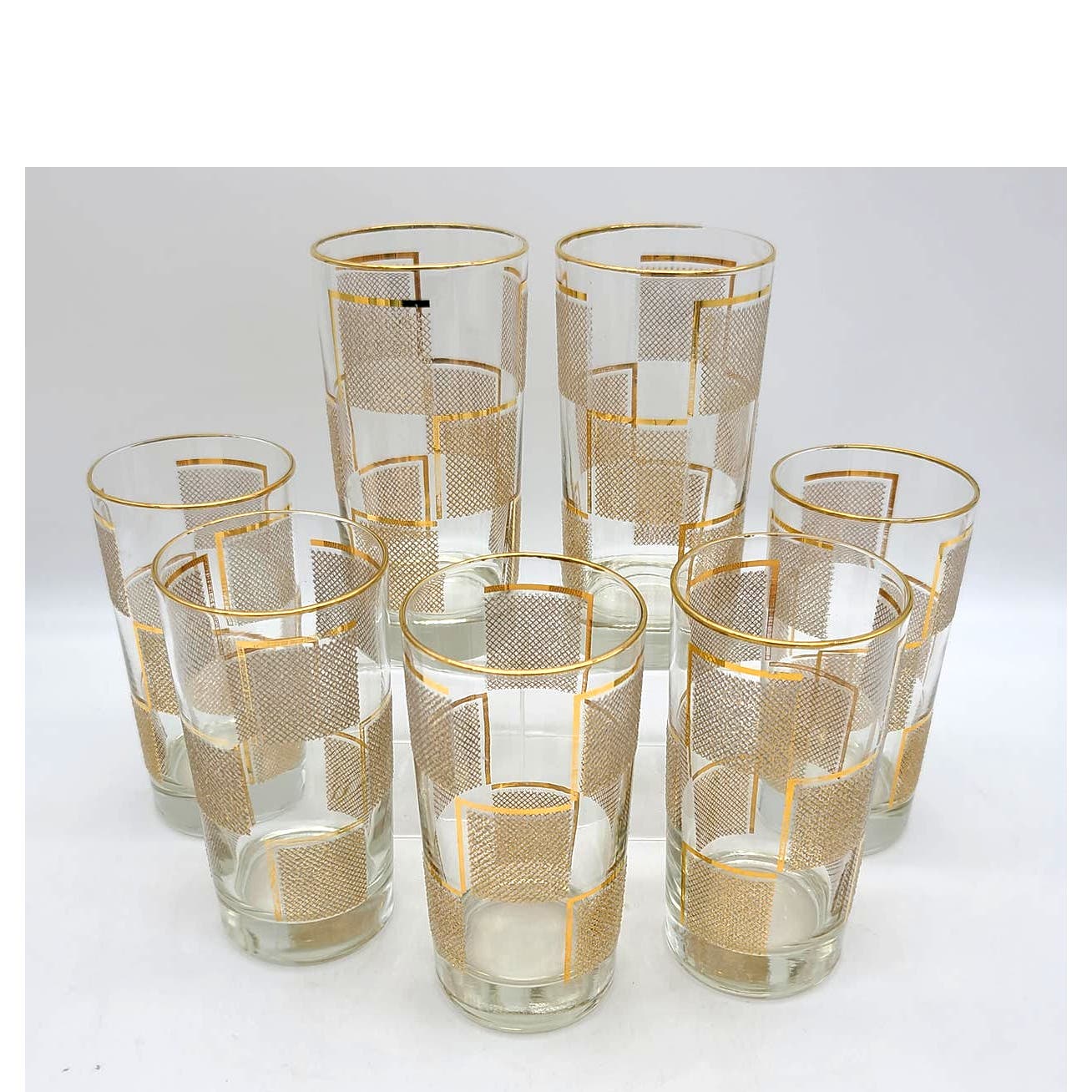 Set of 7 MCM Vintage Glass Tumblers 22k Gold Design Textured Square Shapes