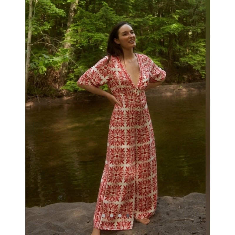 Farm Rio Linen Carmina Button-Front Jumpsuit Size S Red Motif Anthropologie