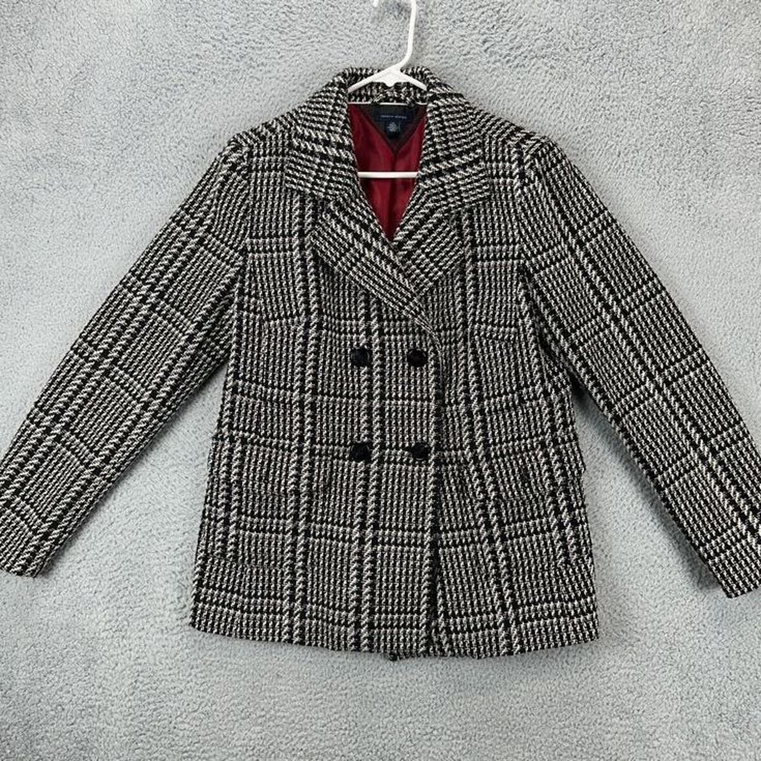 Tommy Hilfiger Peacoat Jacket Women Large Black White Wool Blend Double Breasted