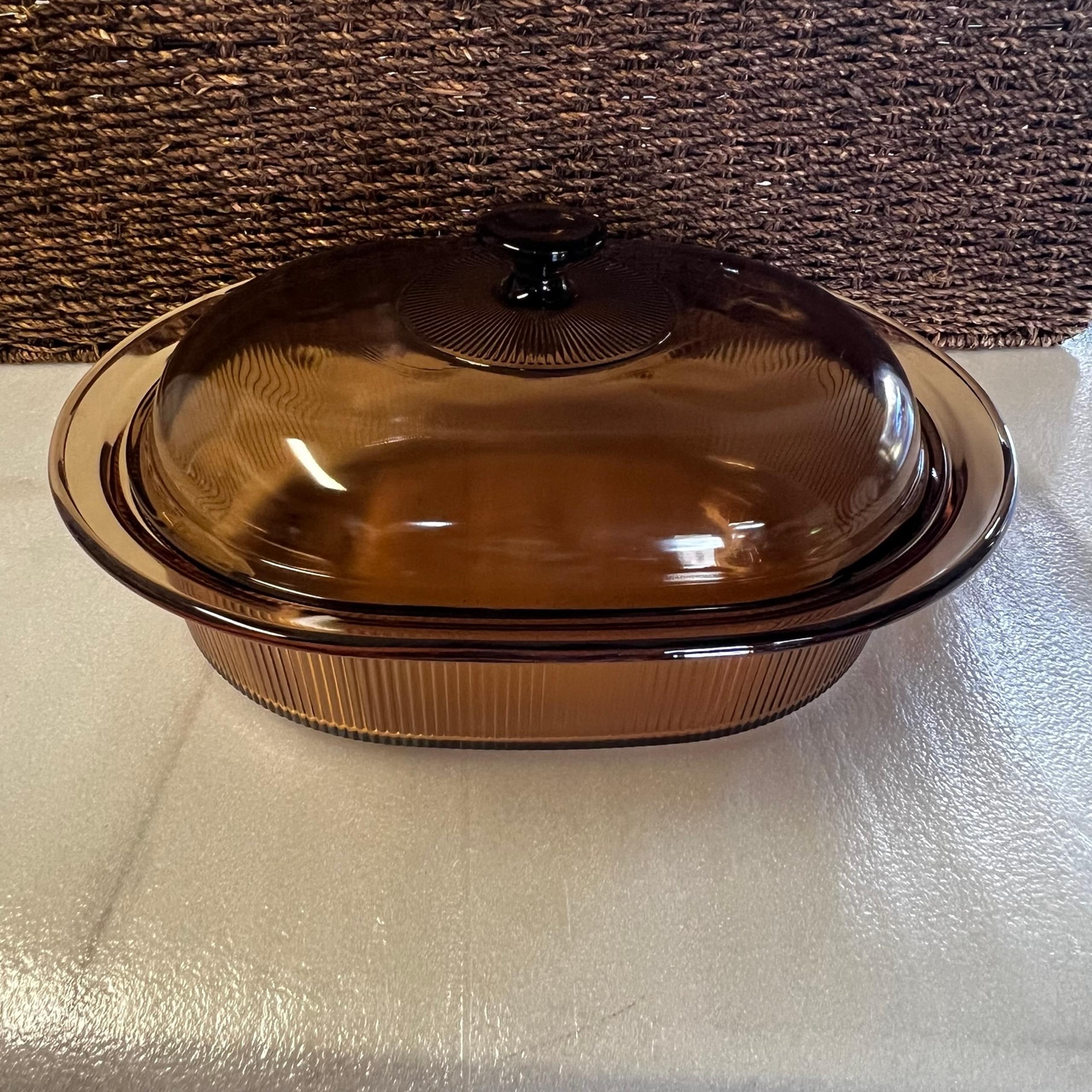 Corningware Visions Amber Glass 4-Quart Oval Roaster / Covered Casserole Vintage