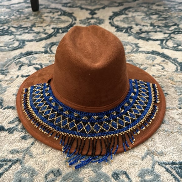 Brown suede cowboy hat with seed beading