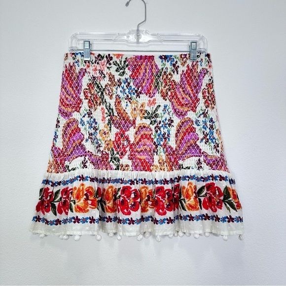 Farm Rio Spring Bananas Miniskirt Pullon Stretch Smocked Pom Pom Trim Size M