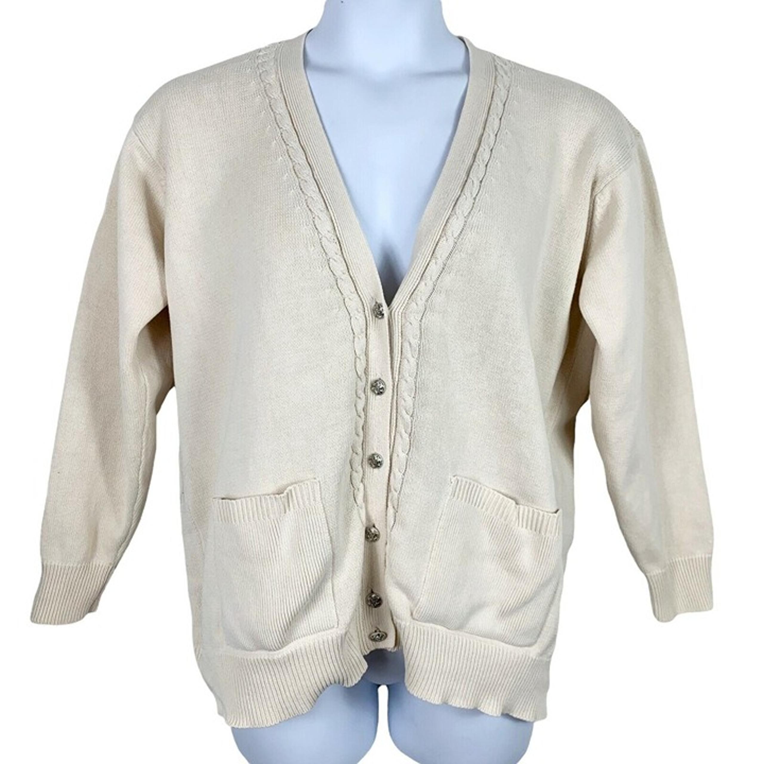 Vintage Cardigan Laura Ashley Button Sweater Pockets Ivory Cream Cotton Flawed