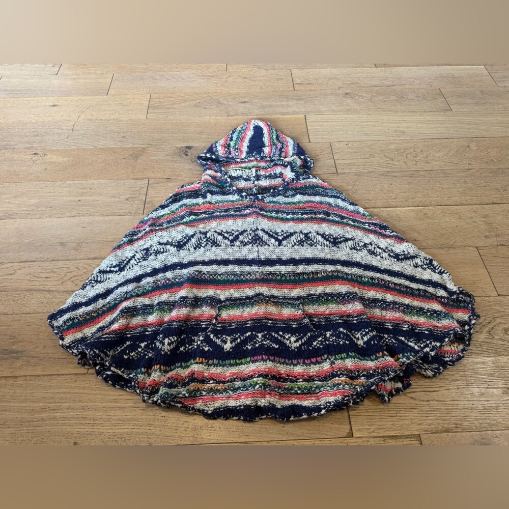 Free People Bubble Tea Multicolor Hooded Knit Poncho Women's Sz XS/S Boho