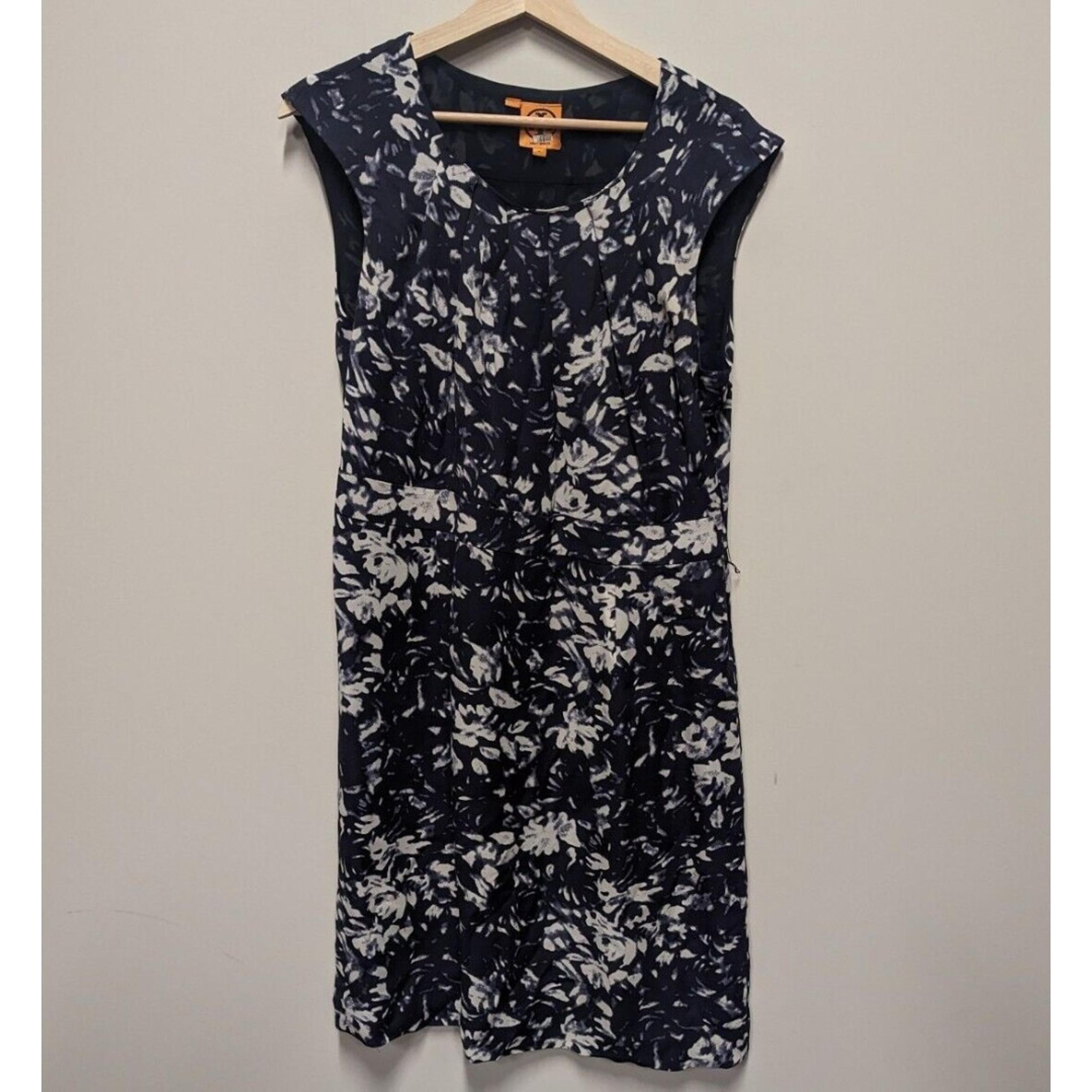 Tory Burch Navy Silk Floral Pleated Belted Sleeveless Midi Sheath Dress Sz 12