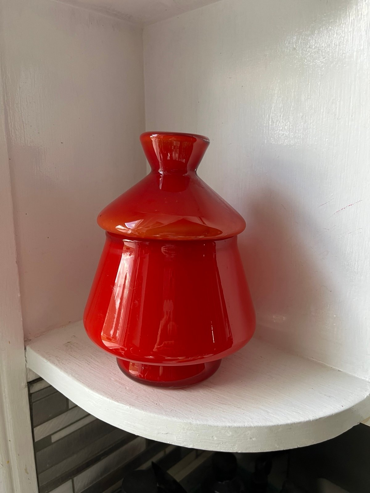 Vintage MCM Red Art Glass Jar Taiwan