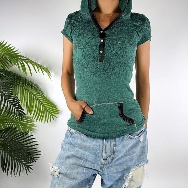 Vintage Y2K Miss Me Green Indie Grunge Streetwear Hooded Short Sleeve Shirt / S