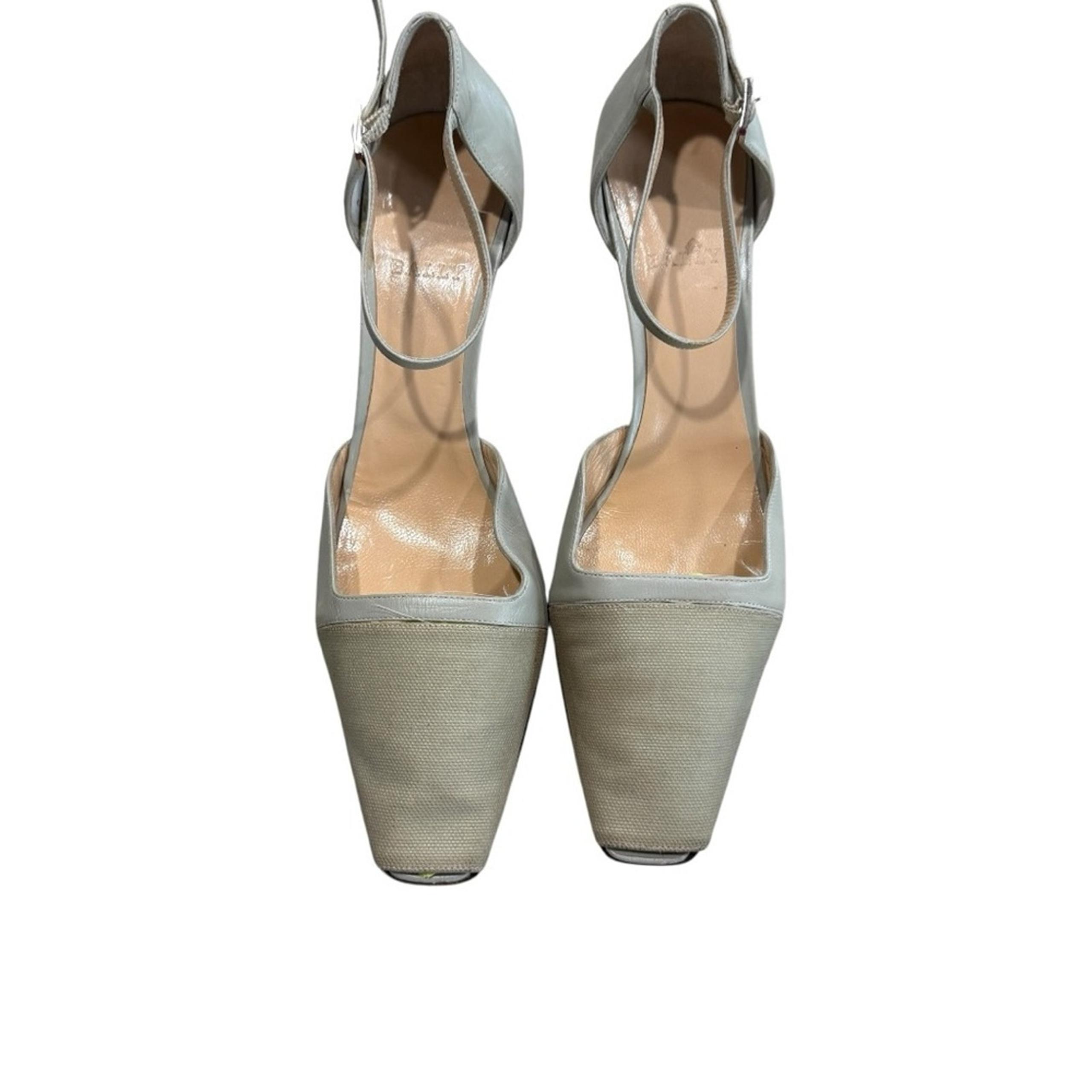 Vintage Women’s Bally Grey Heels Canvas Leather Ankle Strap sz 9/39.5