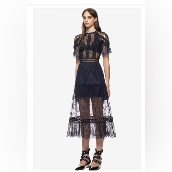 Self Portrait Woman’s Fine Night Out Lace Midi Dress Navy Black Size 0