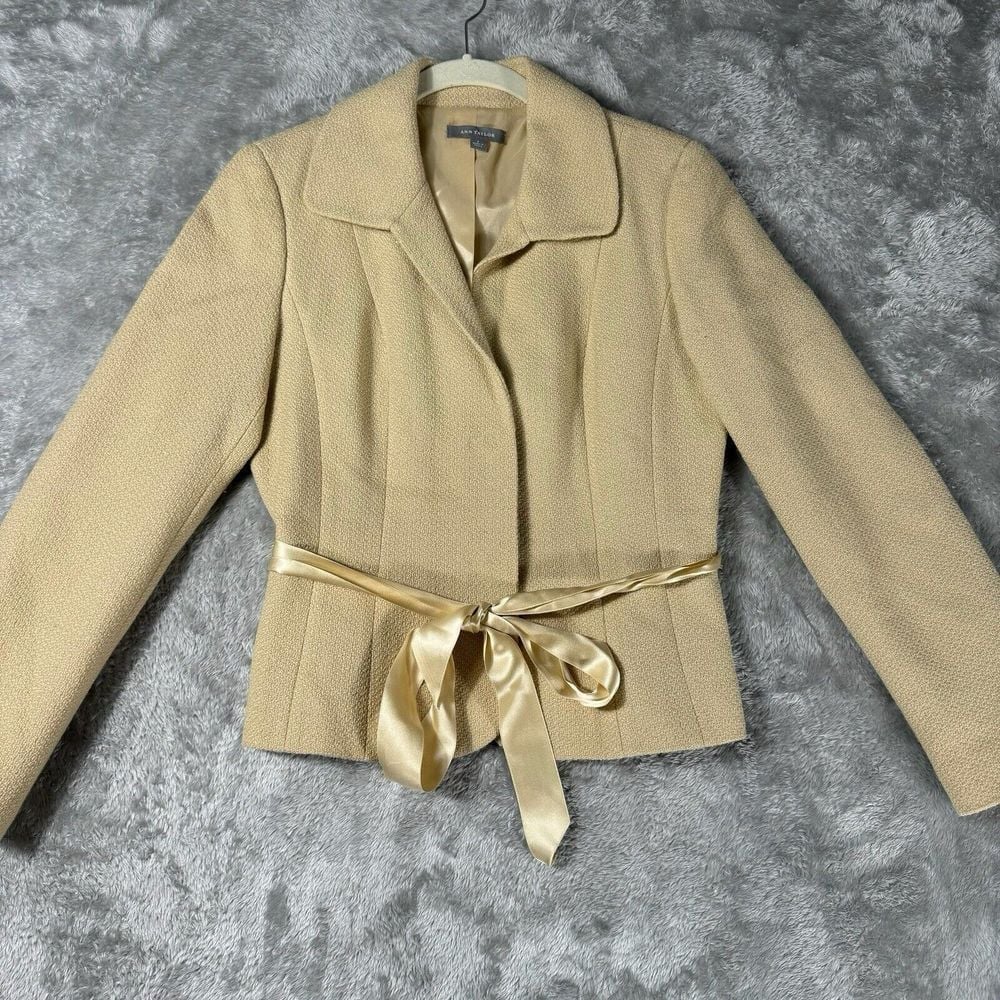 Ann Taylor Ribbon Tied Blazer Womens 4 Tan Beige Sparkle Holiday Office Career