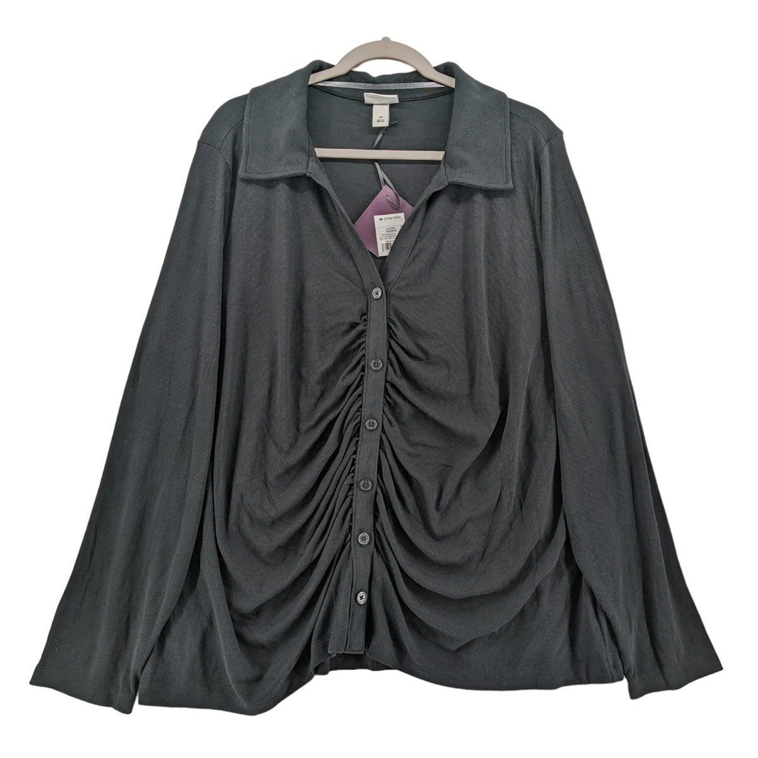 Ava & Viv Ribbed Blouse 3X Black Draped Front Button Down Plus Collared Casual