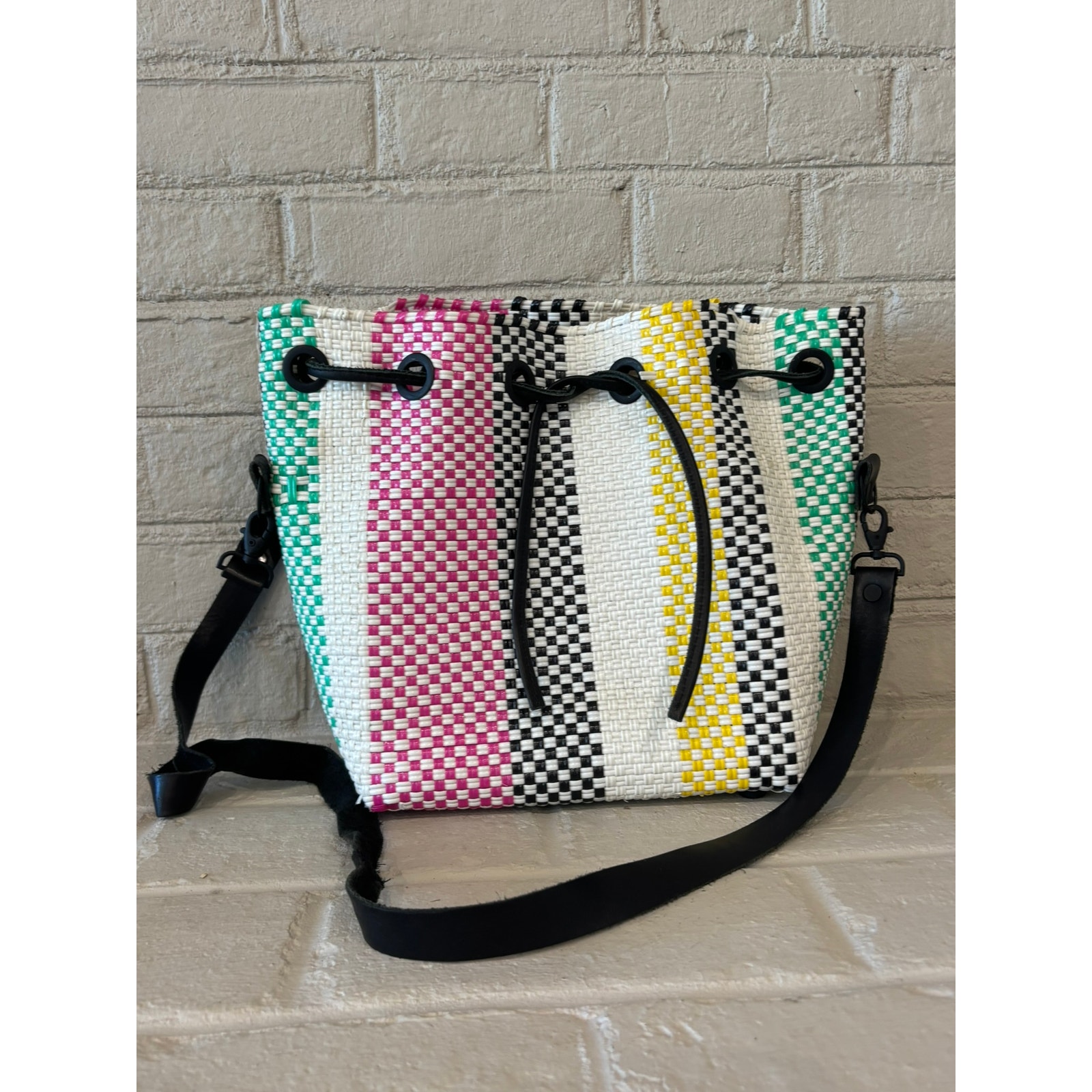 Truss Striped Leather-Trimmed Woven Raffia-Effect Tote Bucket Bag