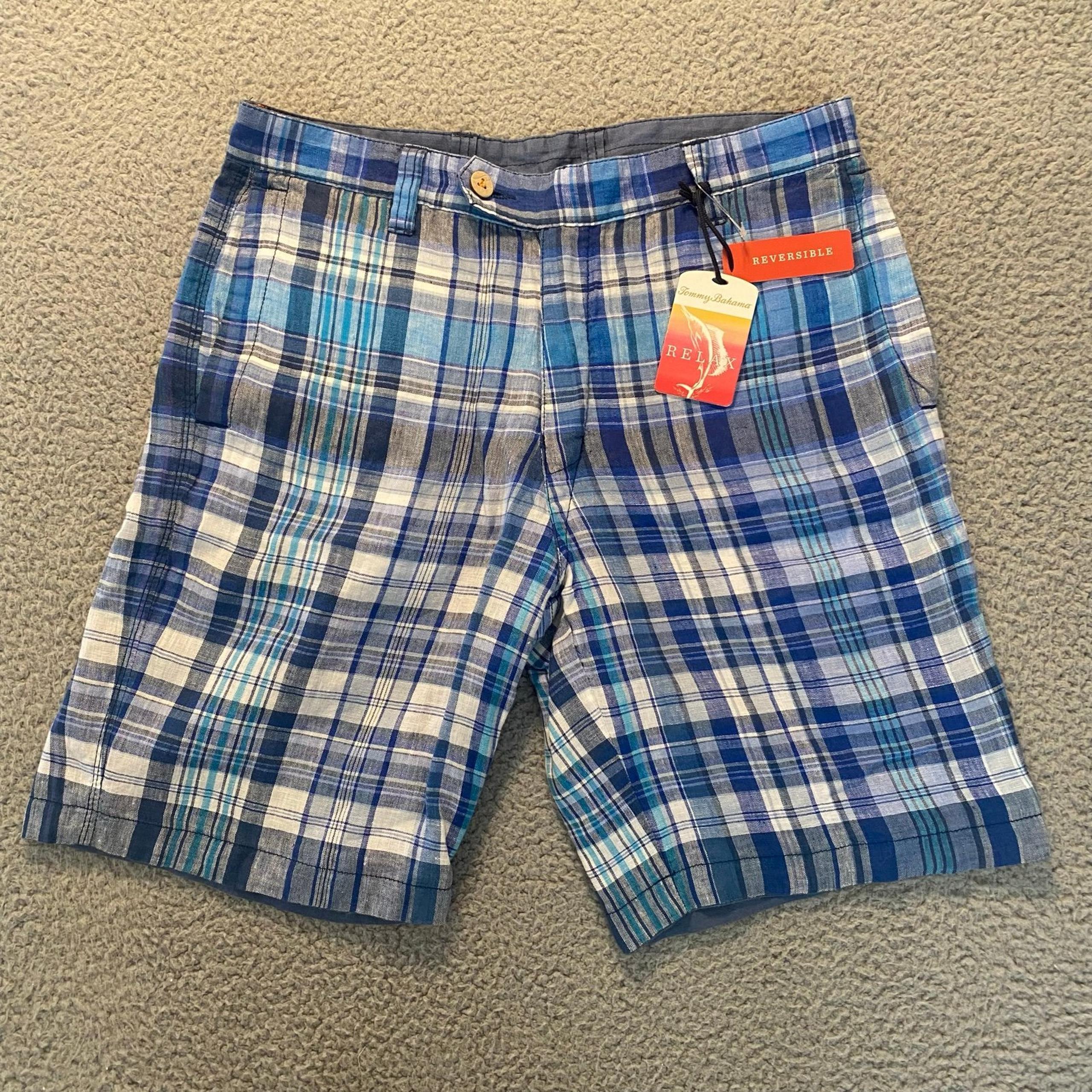Tommy Bahama Shorts Men 30 Blue Plaid Relax Reversible Linen Chino Casual Pocket