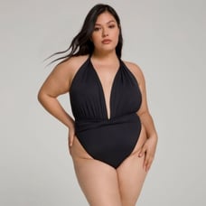 New good American waist clincher plunge v neck, black one piece swimsuit