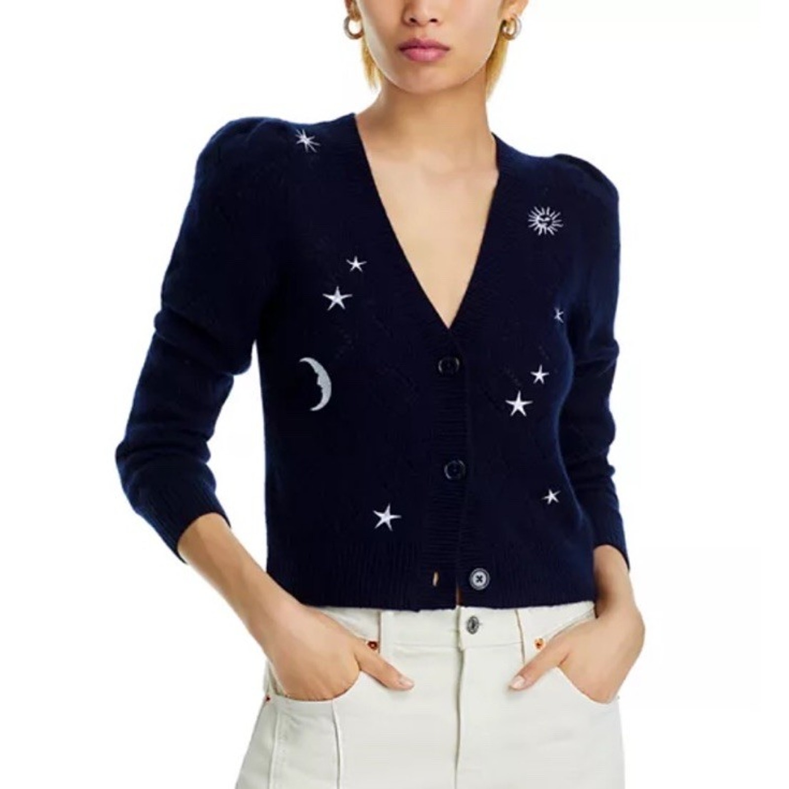 Aqua Cashmere 100% Luxurious Celestial Embroidered Moon Cardigan Peacot Size S
