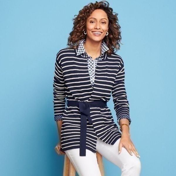Talbots Supersoft Belted Cardigan Sweater Navy & White Cashmere Blend Medium Nwt