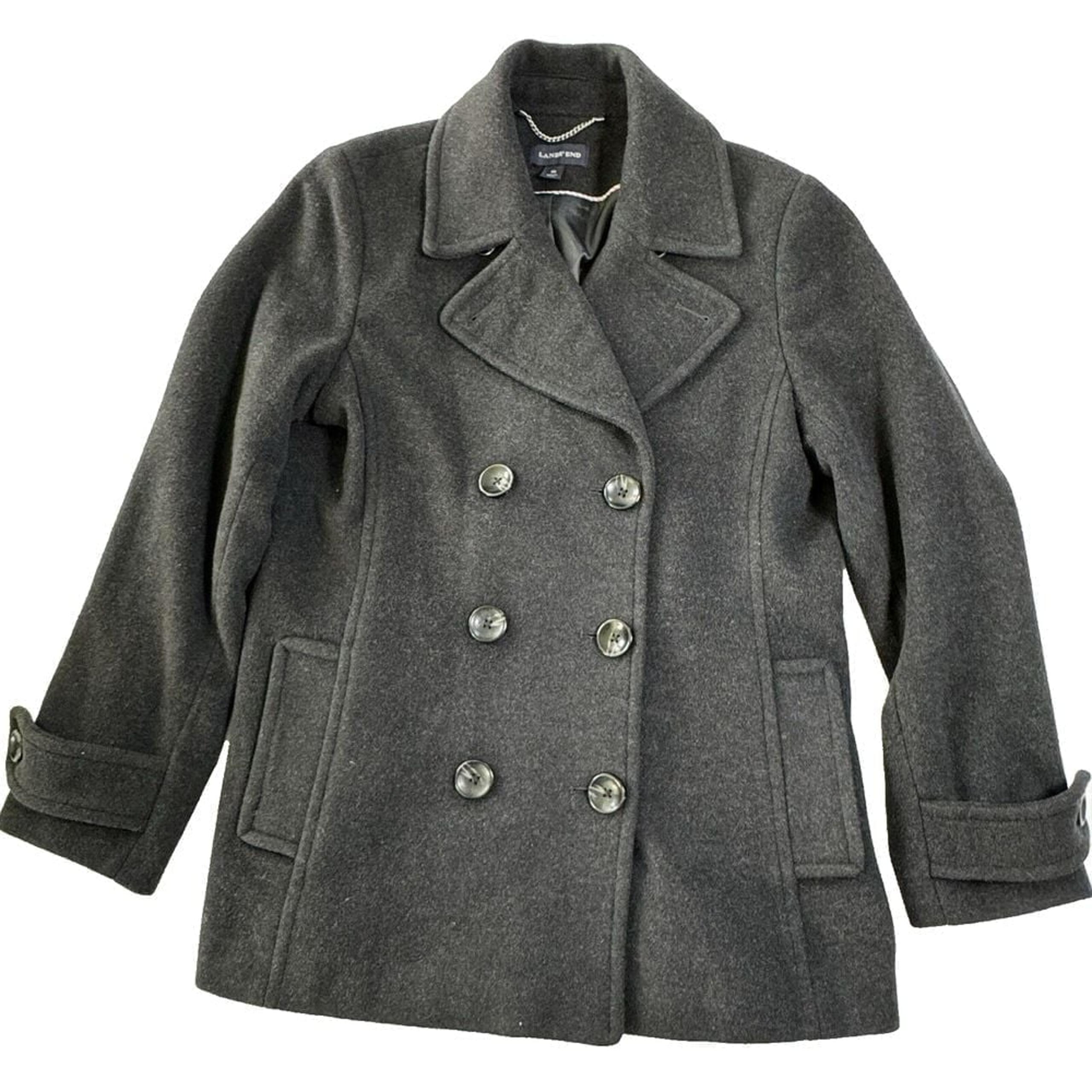 Lands' End Wool Cashmere Peacoat Women's 10 Charcoal Grey/Black Double Breasted