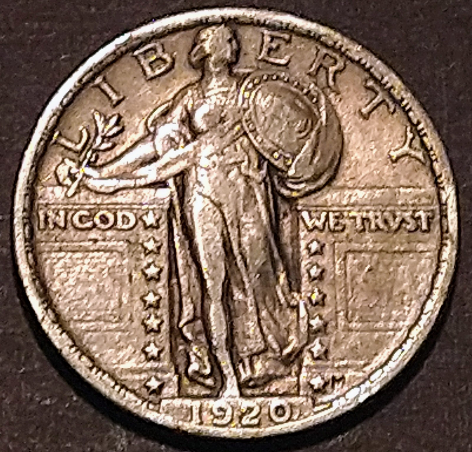 Beautiful Toned 1920 SILVER Standing Liberty Quarter USA Genuine Beauty Feathers
