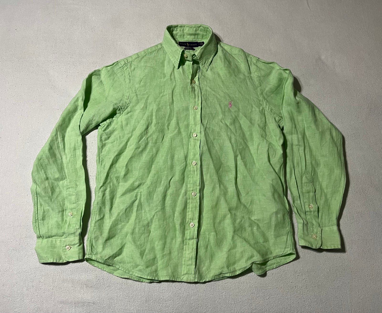 Ralph Lauren Shirt Mens Medium Button Down 100% Linen Green Casual Summer