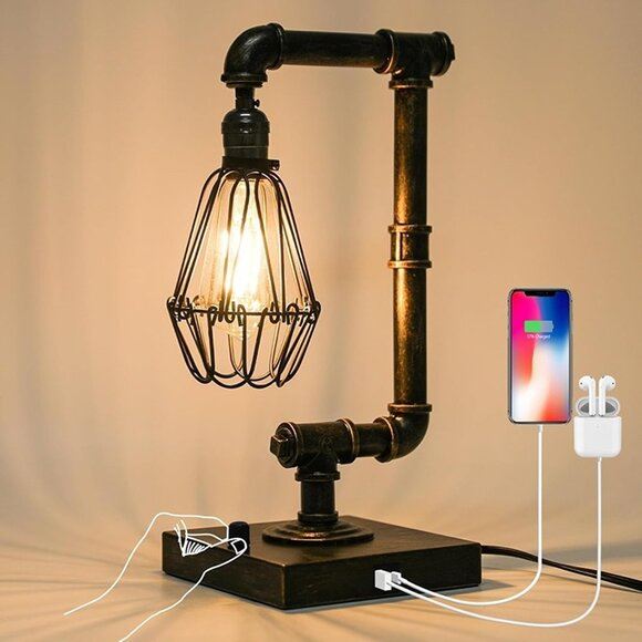 NEW Desk Lamp with USB Ports, Rustic Edison Bulb Lamp, Metal,