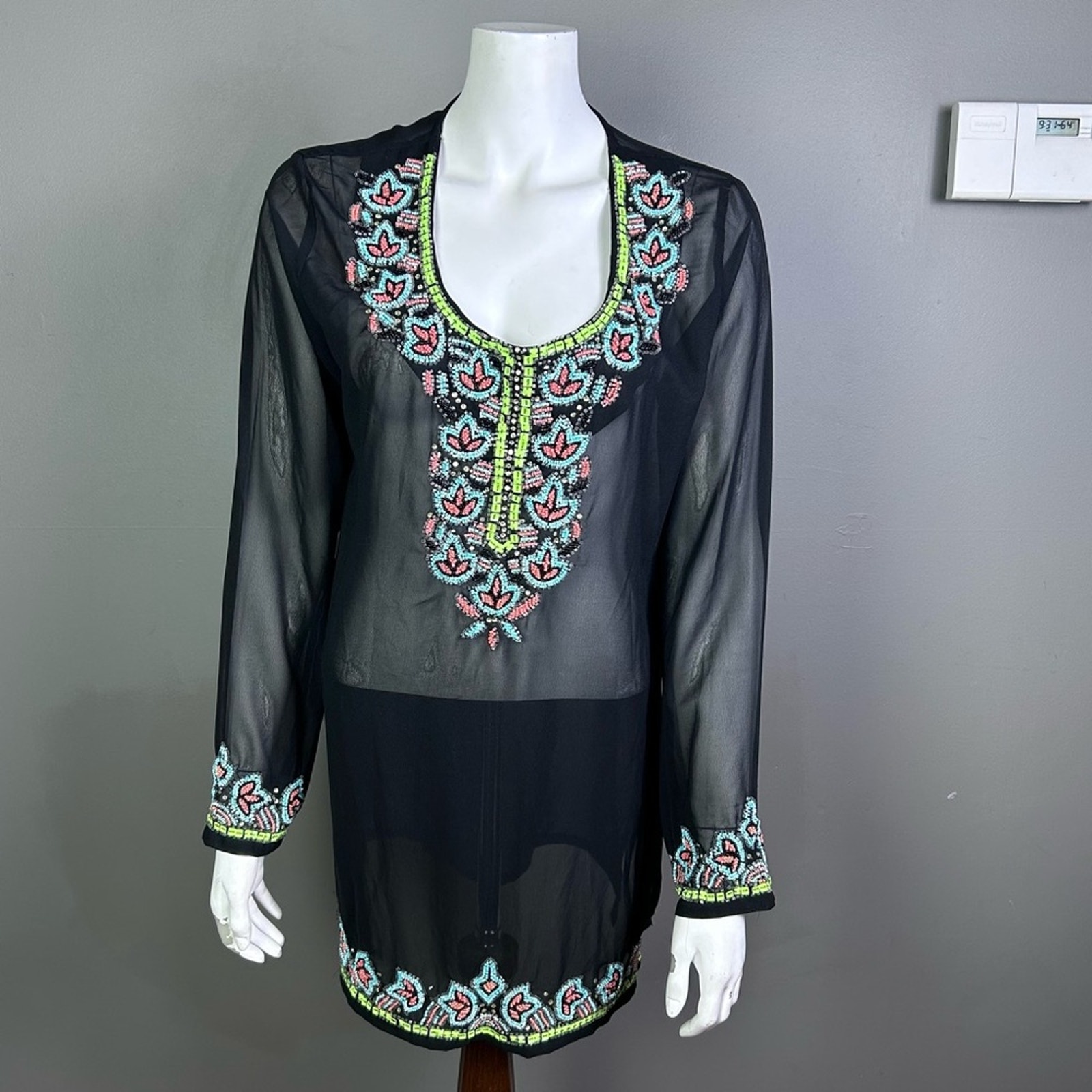 Lucky & Coco tunic coverup XL black beaded sheer boho aztec burning man Miami