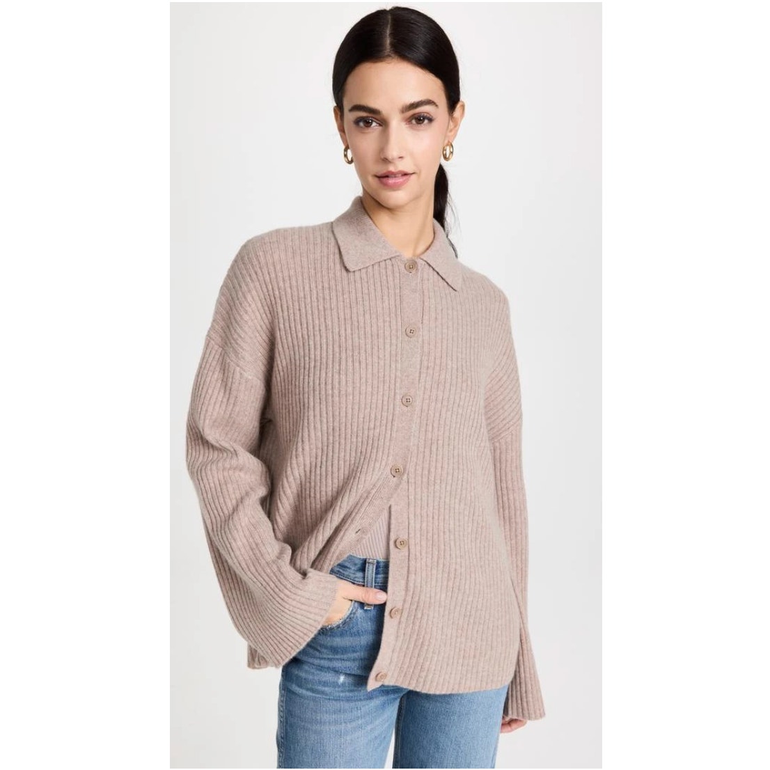 Reformation Fantino Cashmere Collared Cardigan in Oatmeal Small