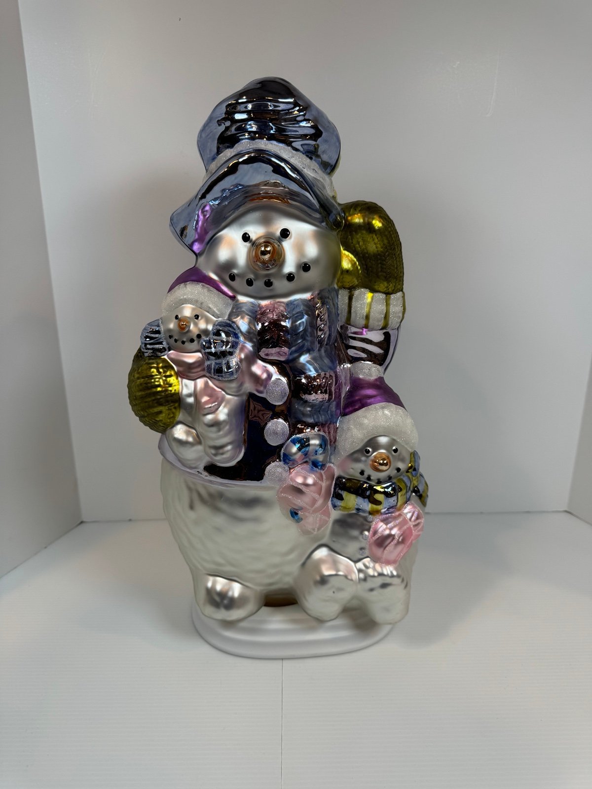 Christmas Snowman & Family Hand Blown Glass 18”Tall On Wood Base Pre- owned