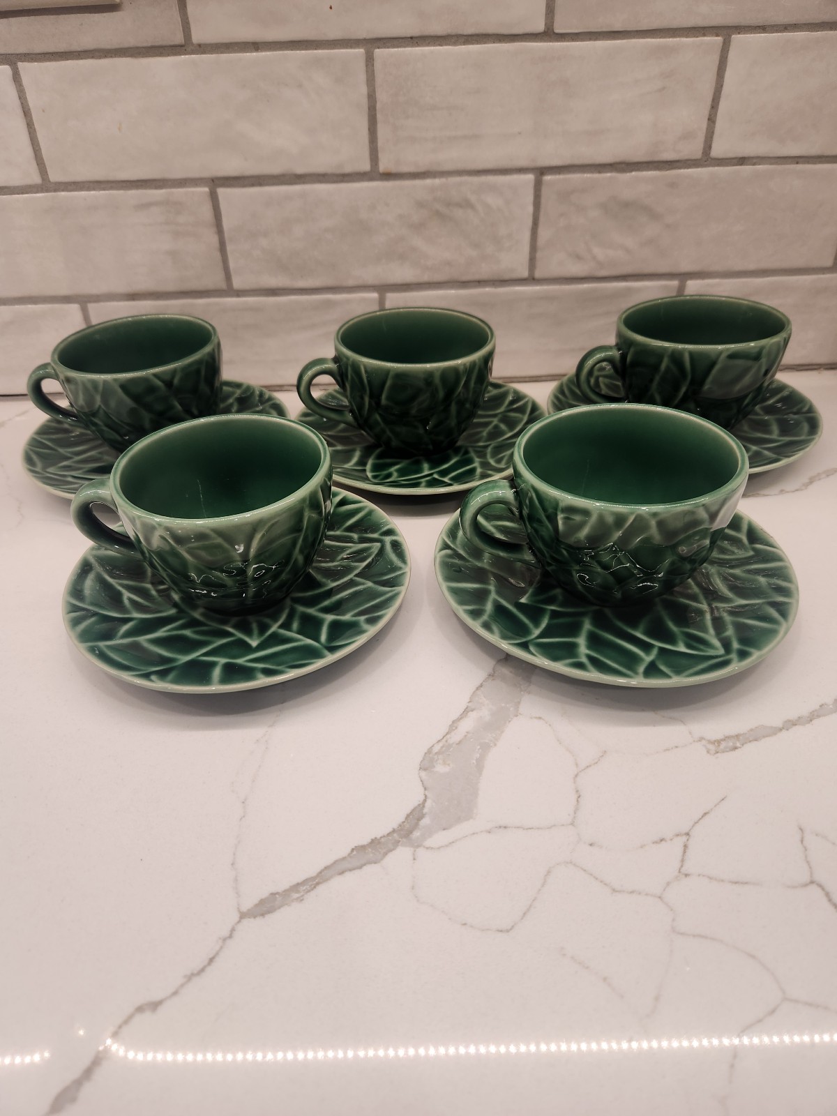 Pier 1 ~ Service for 5 ~ Jade Leaves ~ Cups w/Saucers ~ Discontinued Pattern