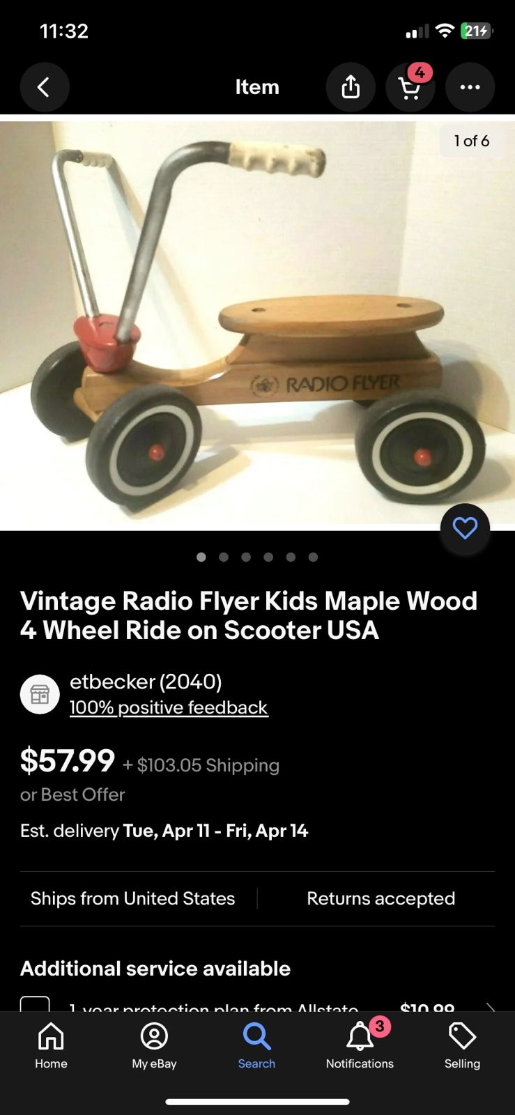 Vintage Radio Flyer Maple Wood USA 4 Wheel Scooter Tiny Ride On Tricycle